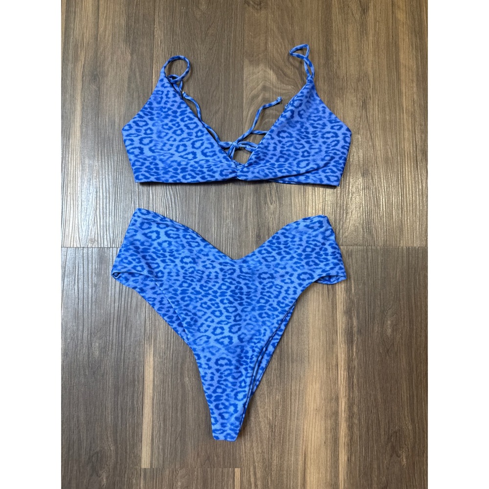 Skatie Bikini Set Womens Large Blue Leopard Print High Cut V-Front Swimsuit